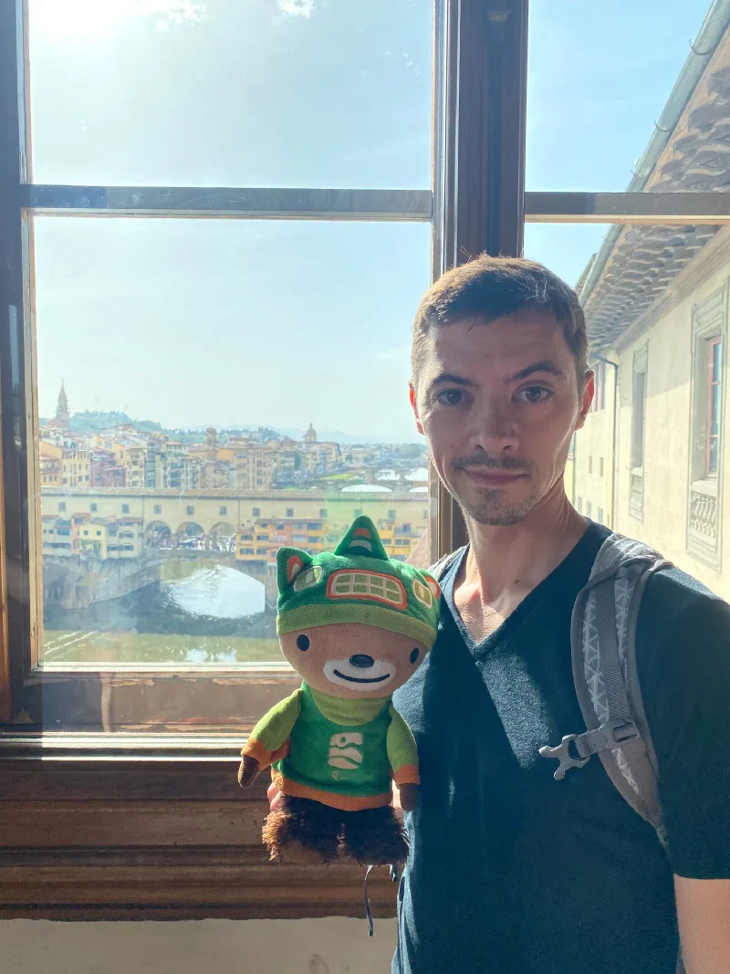 Sumi at the Uffizi window overlooking Ponte Vecchio
