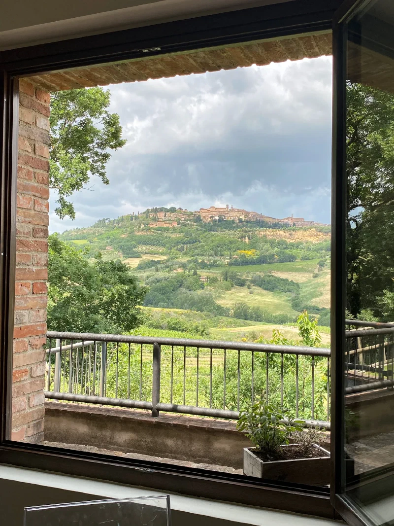View from vineyard window toward hilltop town