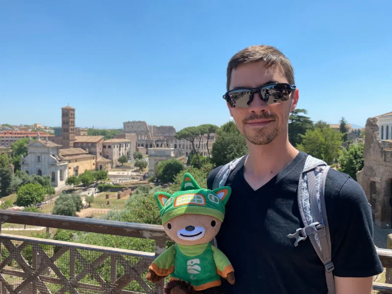 Sumi on Palatine Hill with the Forum and Colosseum in the background