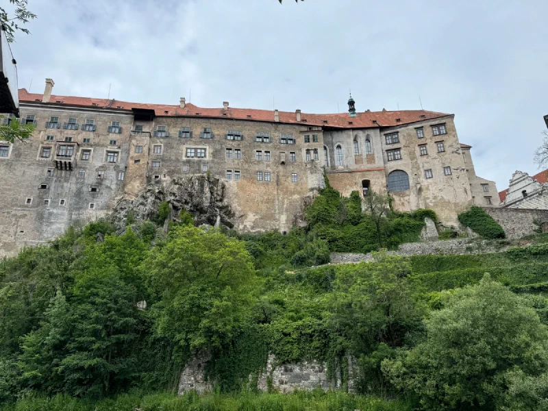 The castle exterior from the wooded slope