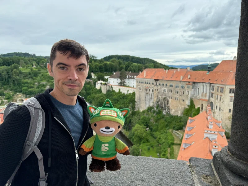 Nicholas and Sumi Bear at the castle viewpoint