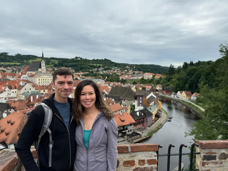 Nicholas and Pokin at a lookout over the town