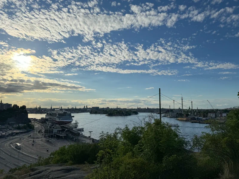 Panoramic harbor view with cruise ship at sunset