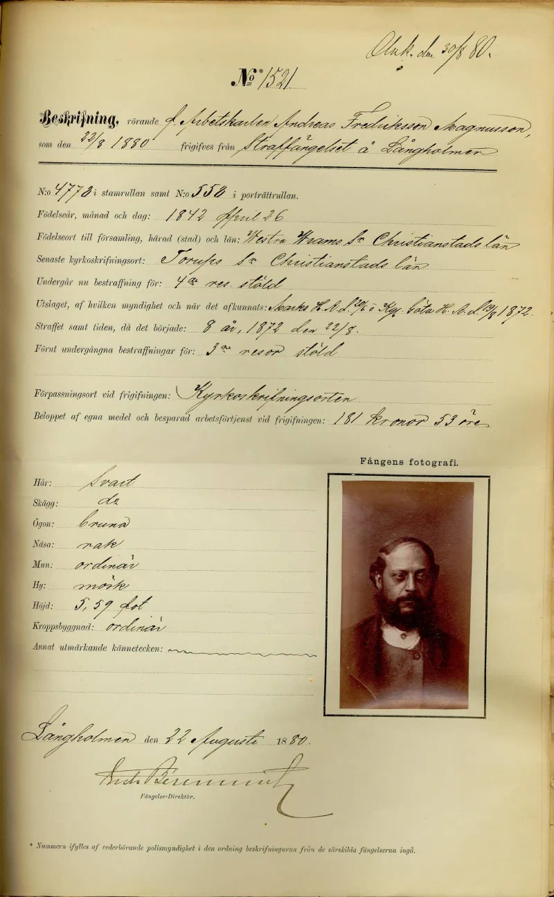 1880 prison release document for Andreas Fredriksson Magnusson with sepia photograph