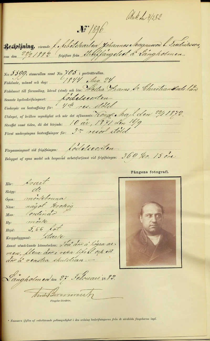 1882 prison release document for Johannes Magnusson Fredriksson with sepia photograph