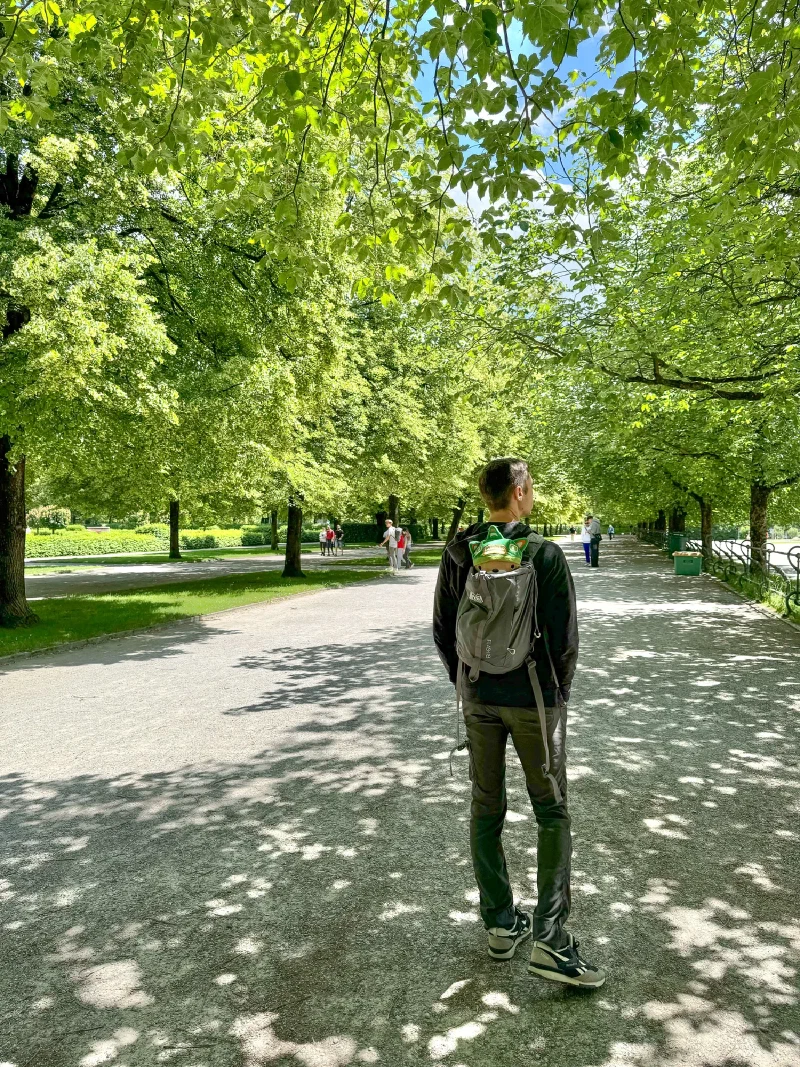 Nicholas walking through a green park with Sumi peeking out of his backpack