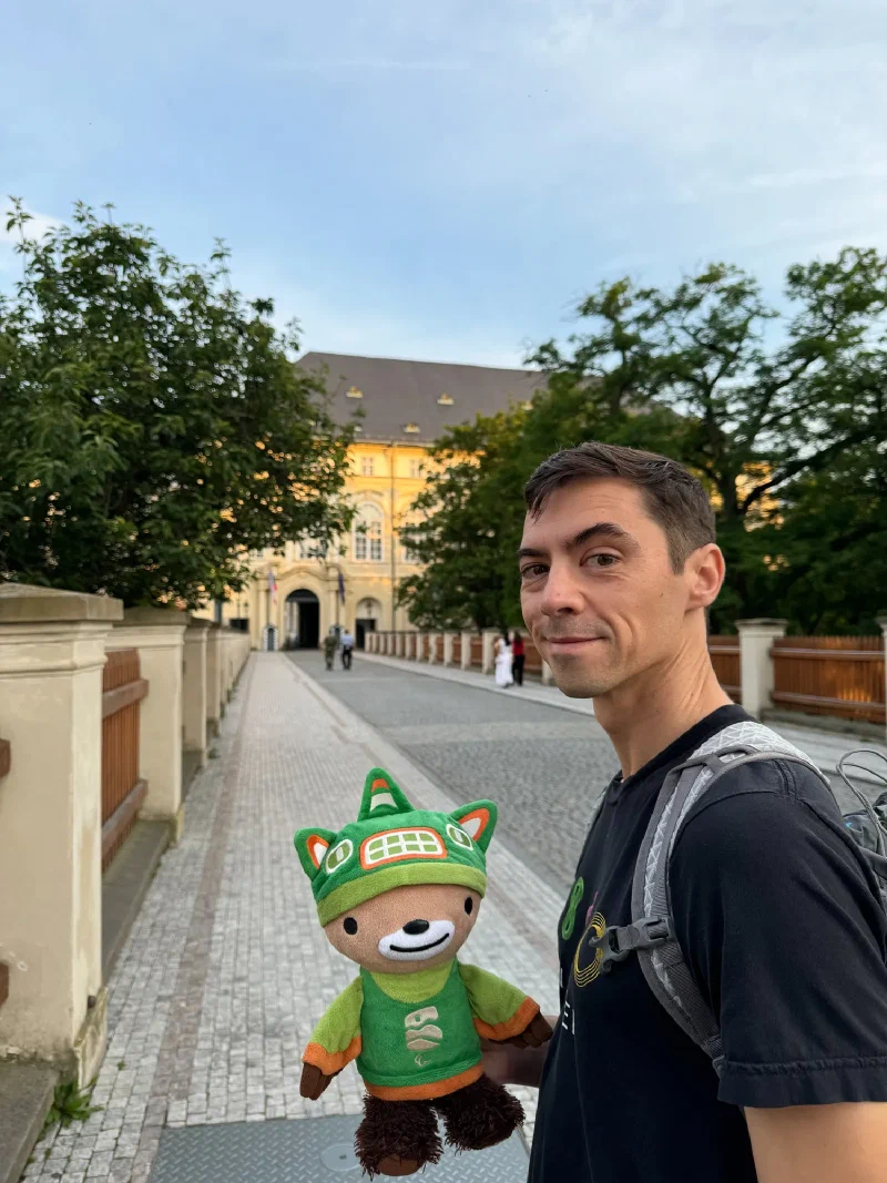 Nicholas with Sumi Bear approaching Prague Castle