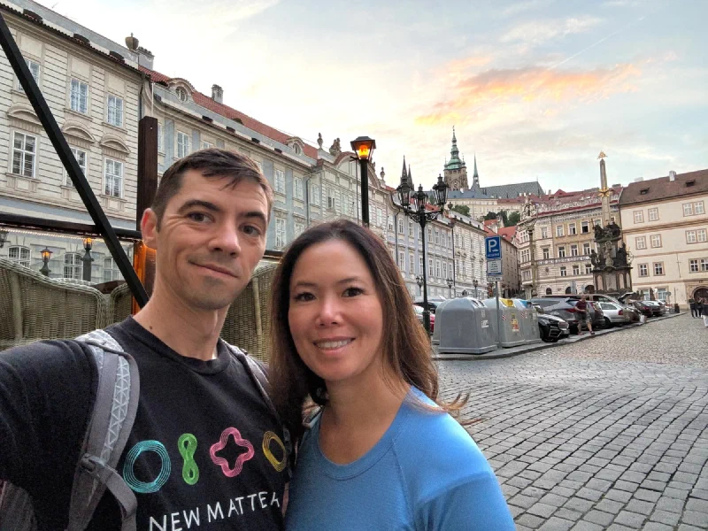 Nicholas and Pokin selfie with Prague Castle behind them