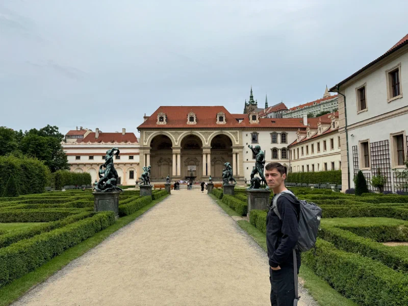 Nicholas in the Wallenstein Garden with bronze statues