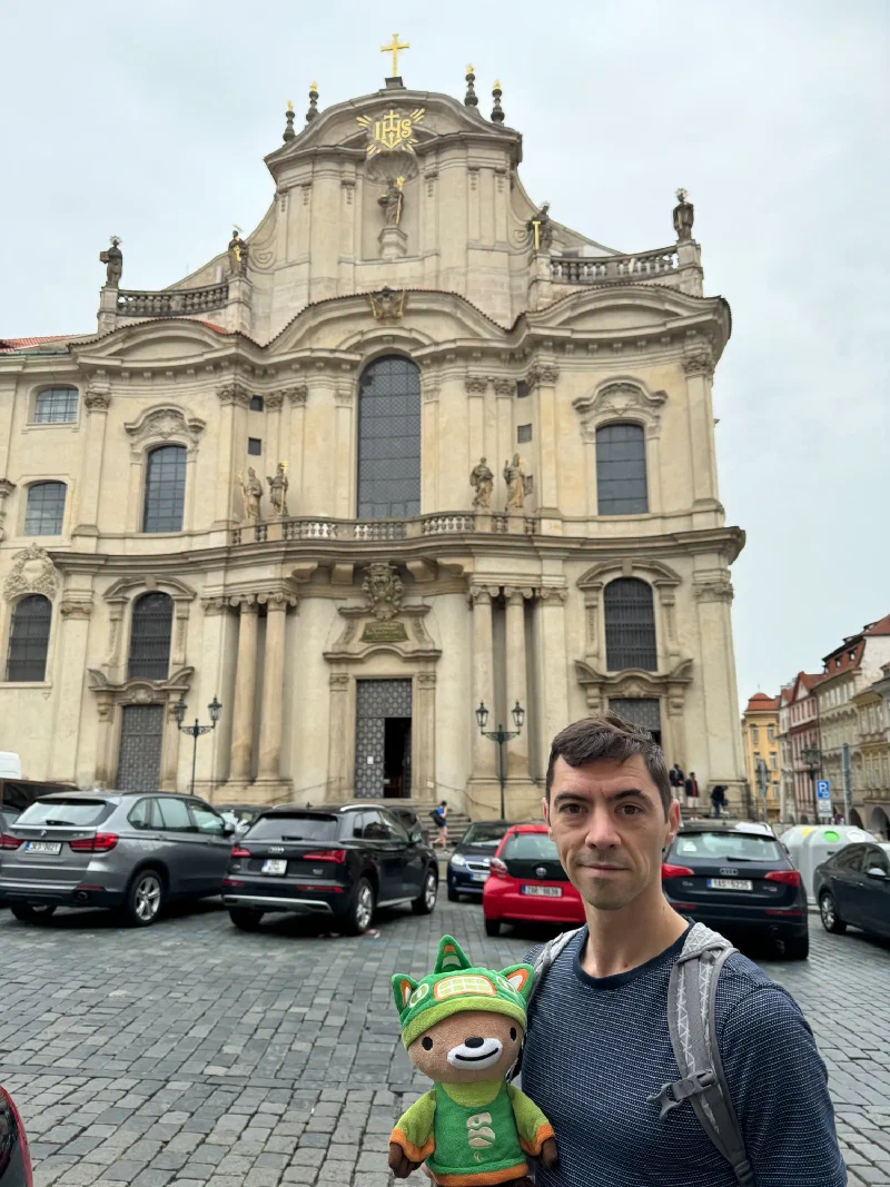 Nicholas and Sumi Bear in front of St. Nicholas Church