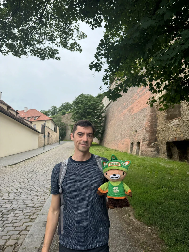Nicholas and Sumi Bear along the castle walls