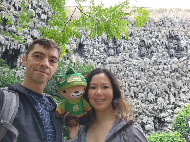 Nicholas, Pokin, and Sumi Bear at the Wallenstein Garden grotto wall