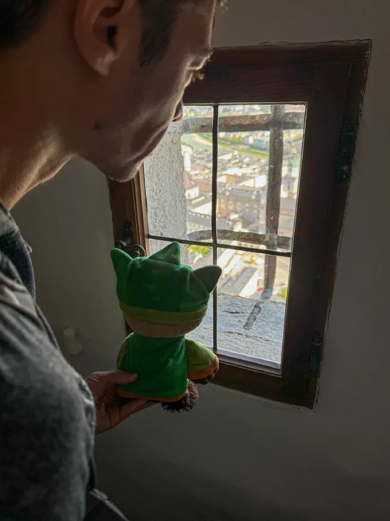 Nicholas holding Sumi up to a barred window looking down at the city far below