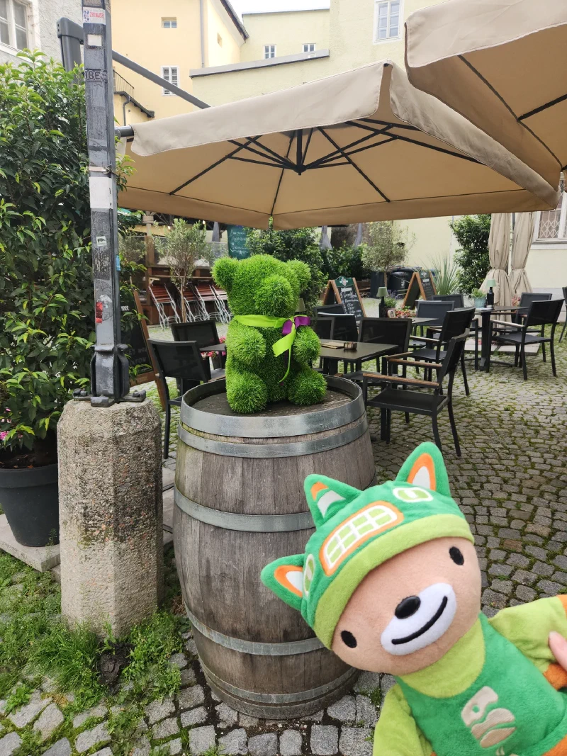 Sumi Bear next to a topiary bear at a café