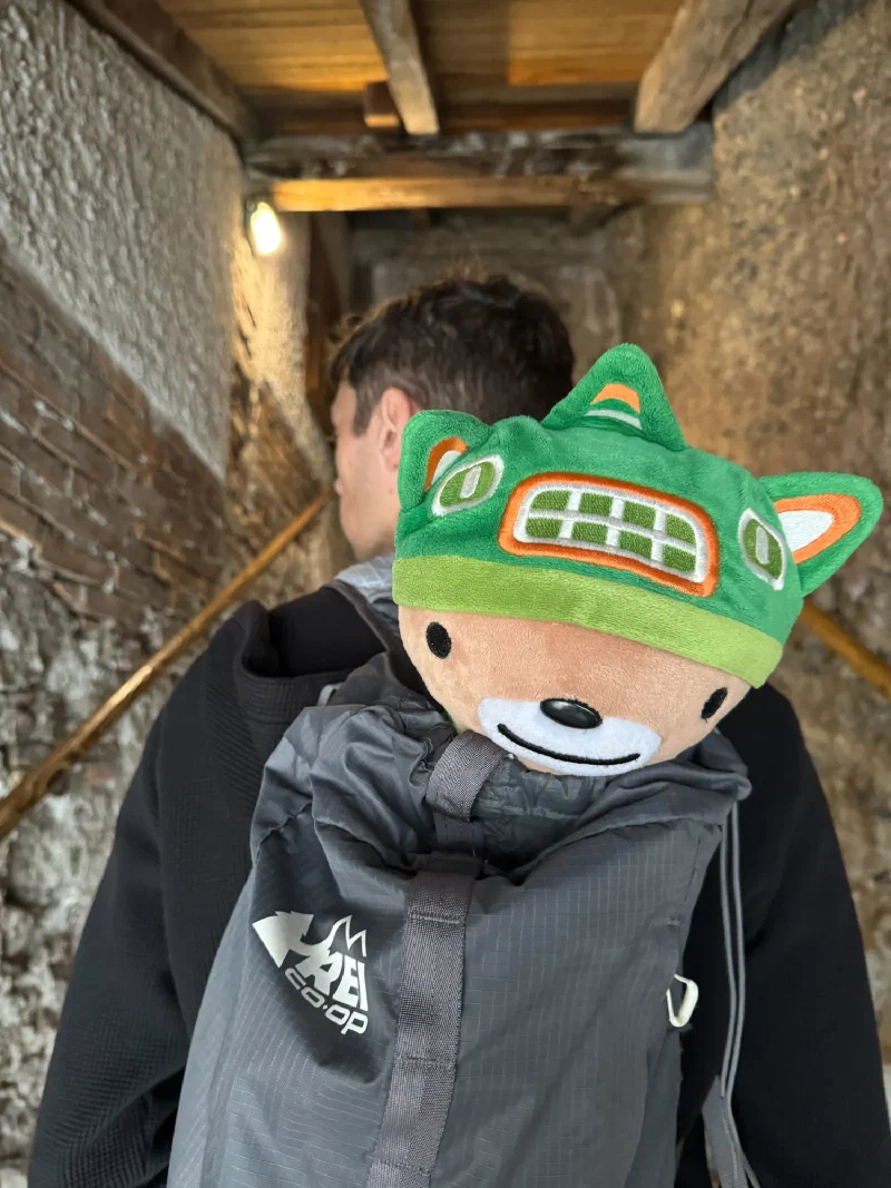 Nicholas climbing narrow stone stairs to the catacombs