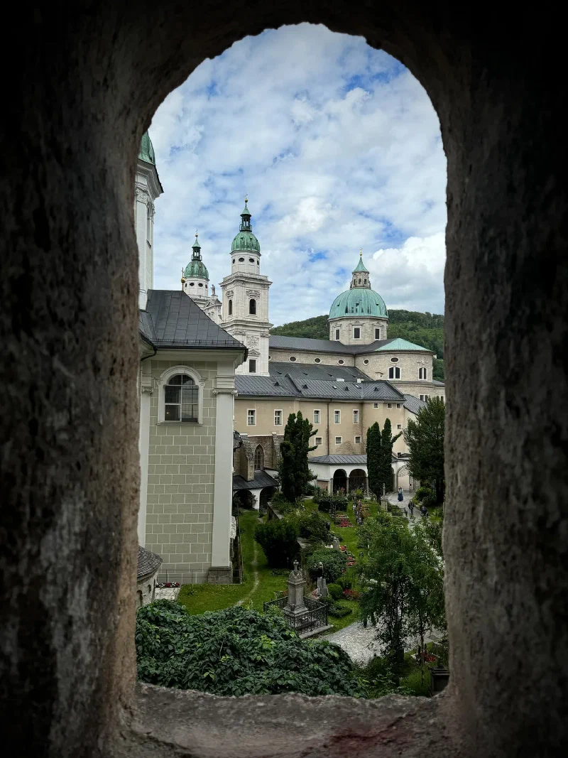 View through stone window over St. Peter's Abbey