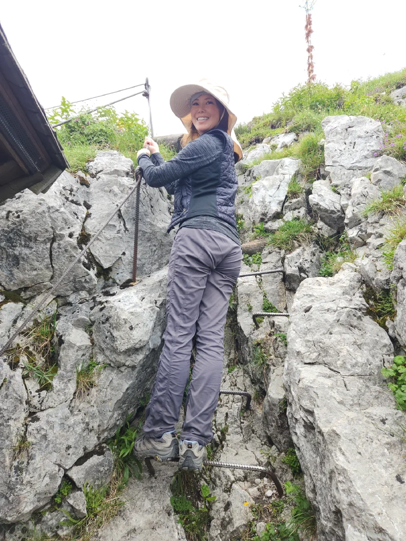Pokin climbing the final cable-assisted rocky section