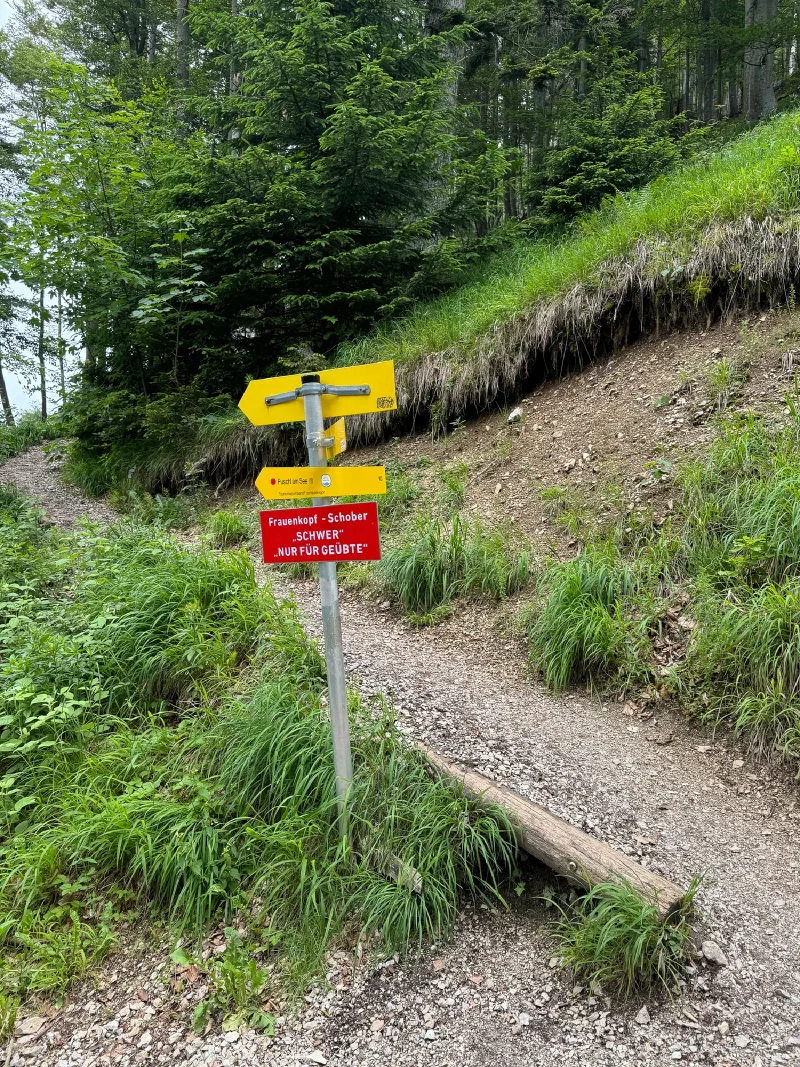 Trail sign reading SCHWER and NUR FUR GEUBTE - difficult, experienced hikers only