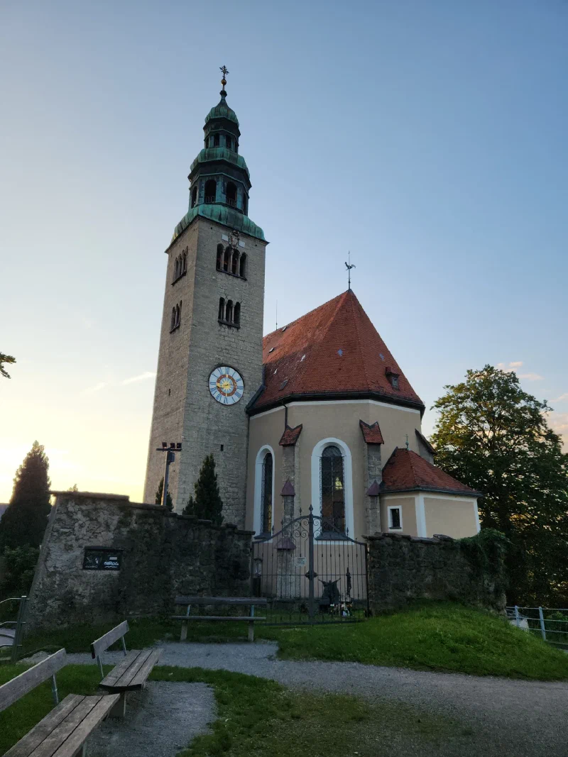 Church with copper steeple in golden evening light