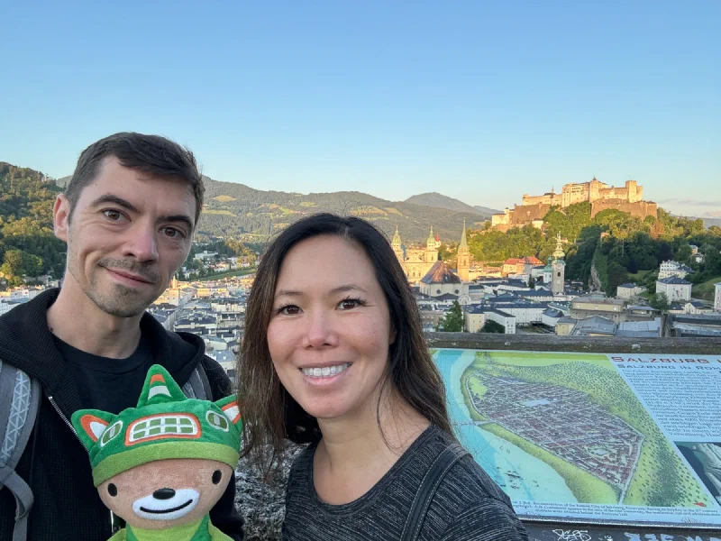 Group selfie at the formal overlook with map and fortress glowing