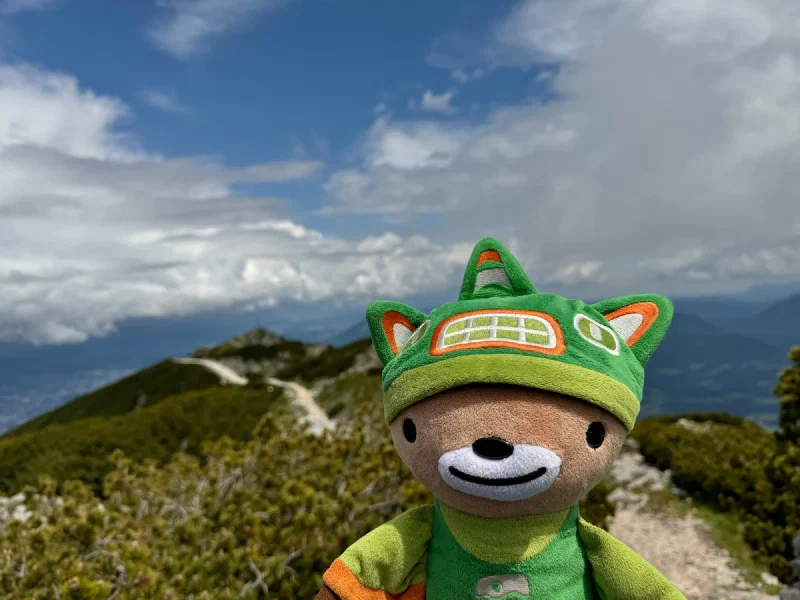 Sumi Bear on the ridge trail with winding path and towering clouds