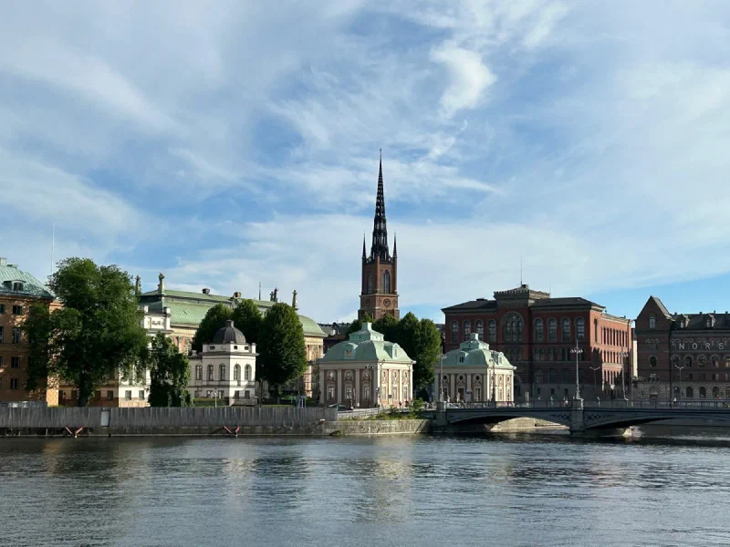 Stockholm skyline from the water with Riddarholmen Church spire