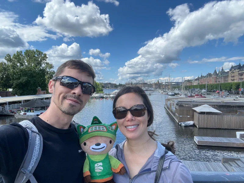 Nicholas and Pokin selfie with Sumi on Stockholm bridge
