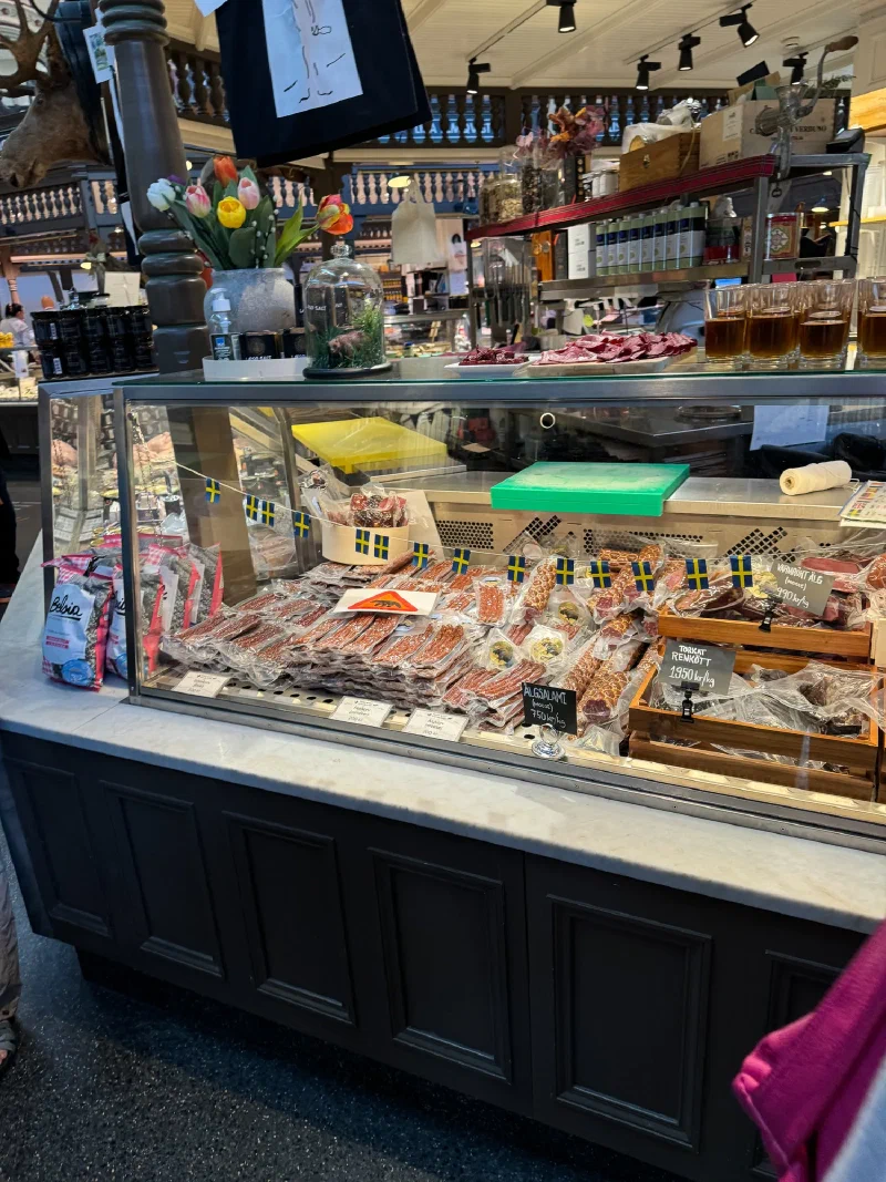 Swedish game meat display with dried reindeer meat and moose salami