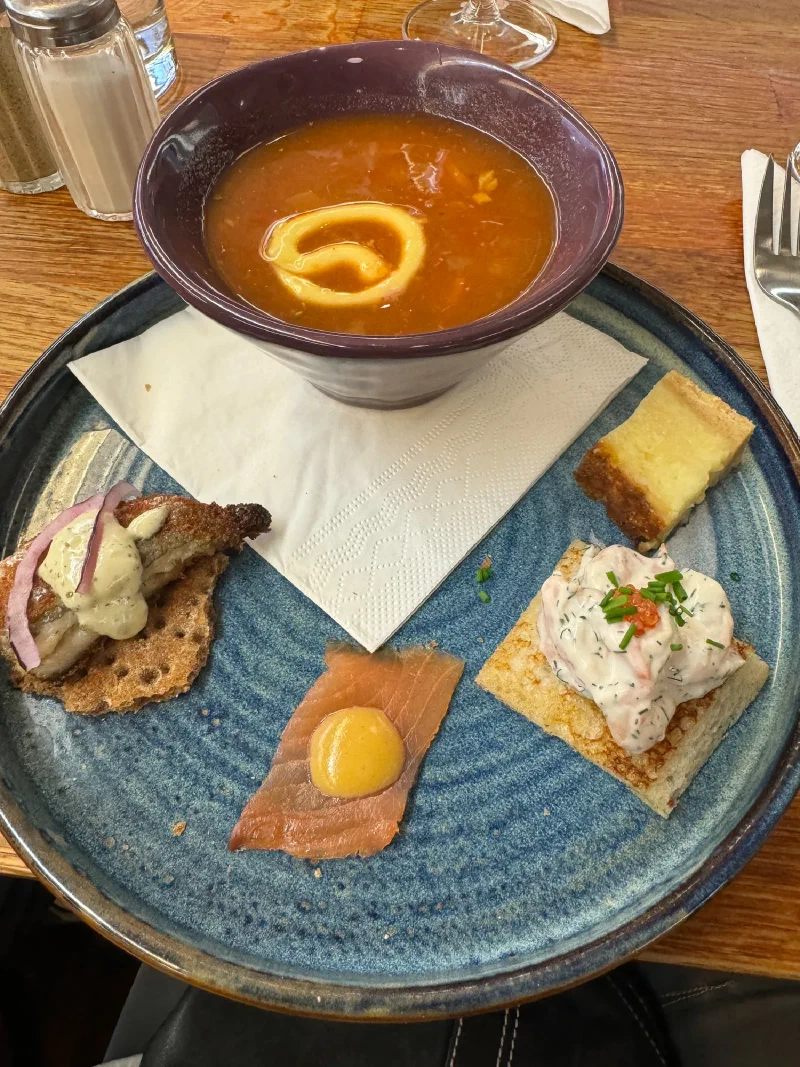Swedish sampler plate with shrimp salad, herring, salmon, and soup