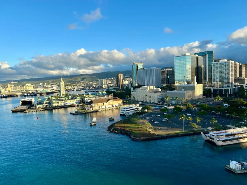Honolulu skyline and harbor viewed from cruise ship deck