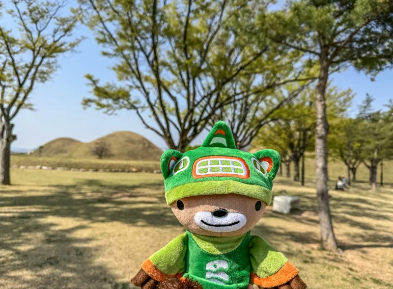 Sumi in front of Gyeongju's ancient burial mounds
