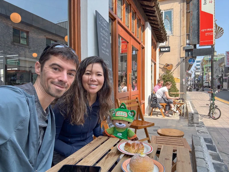 Sumi and pastries at a café on Gyeongju's main street