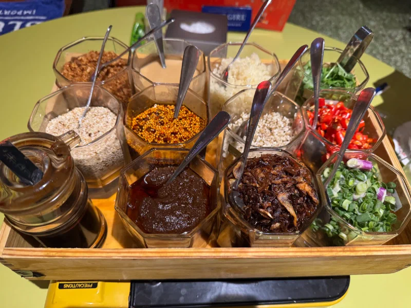 Tray of hot pot dipping sauces