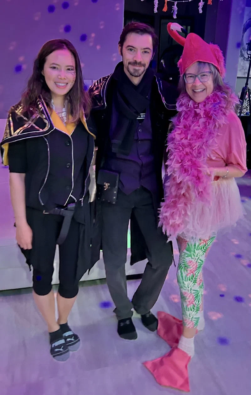 Nicholas and Pokin in Expedition 33 costumes with JJ in a flamingo costume