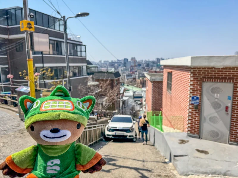 Sumi overlooking a steep Seoul hillside neighborhood
