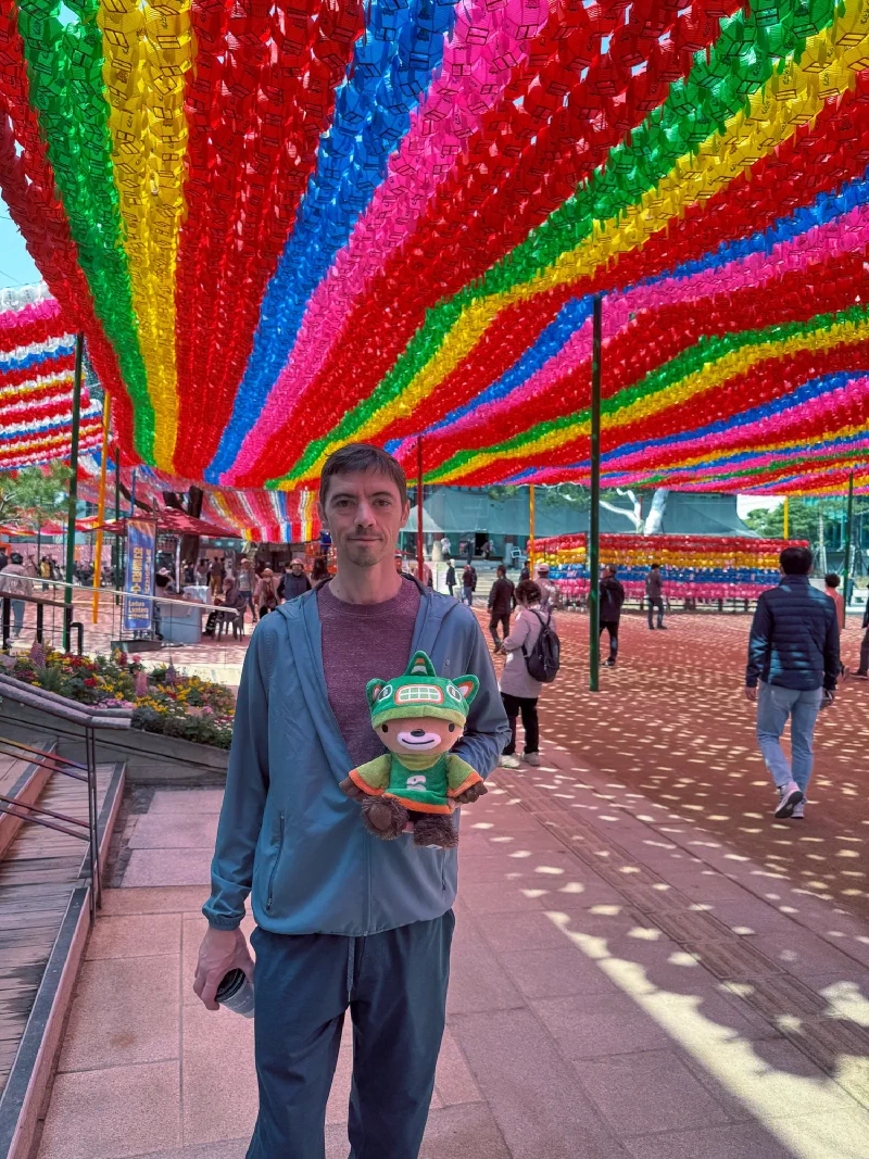 Sumi under colorful lotus lanterns at Jogyesa Temple