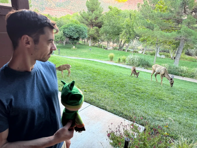 Nicholas holding Sumi watching a deer family