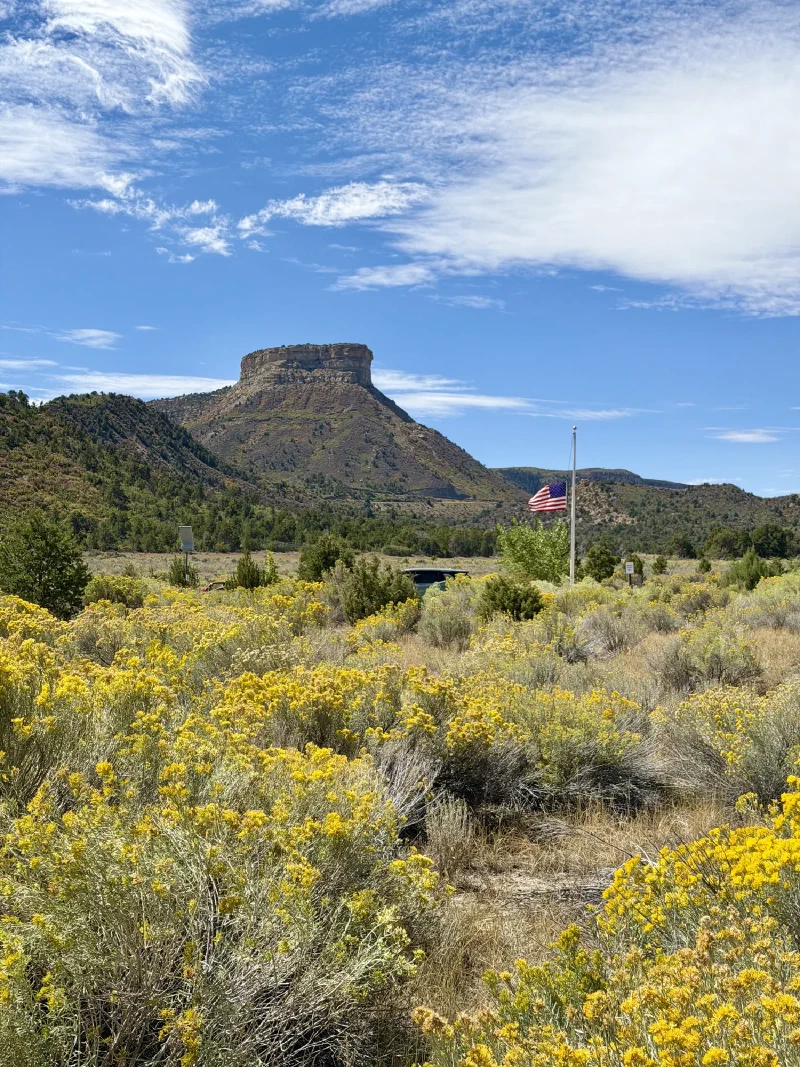 A flat topped mesa rising above green hills and a field of yellow flowering rabbitbrush, with a flagpole and a car park in the middle distance under a blue sky