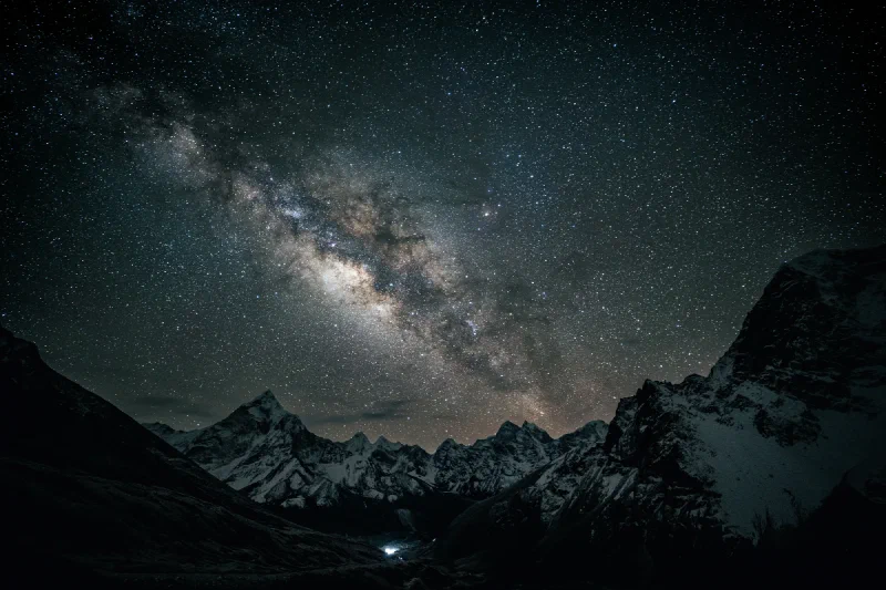 The Milky Way arcing over snow-covered Himalayan peaks as seen from the Sherpa Memorial near Lobuche, with the Galactic Center glowing above the valley