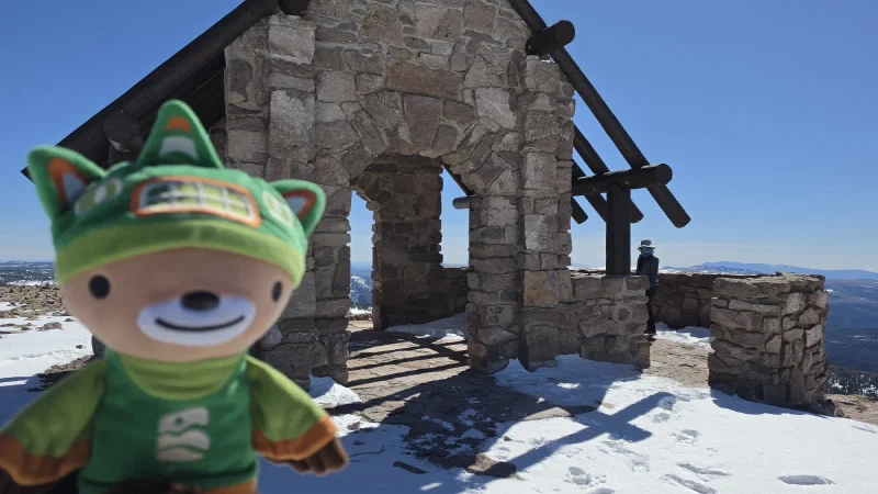 Sumi Bear at the stone summit shelter on Brian Head Peak
