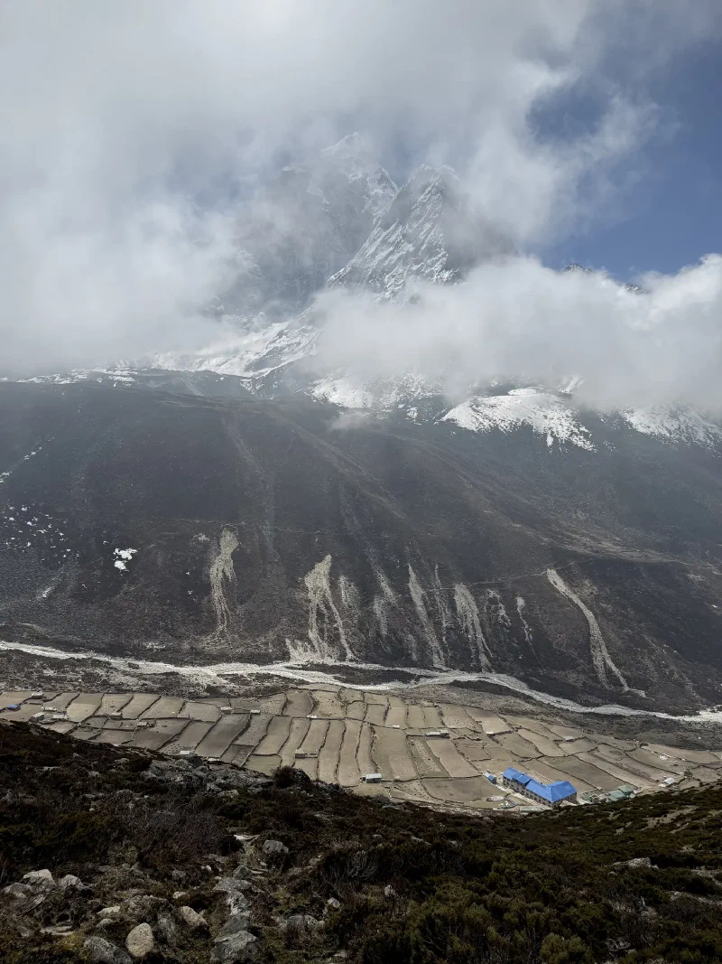 View of Ama Dablam and Dingboche valley from high altitude