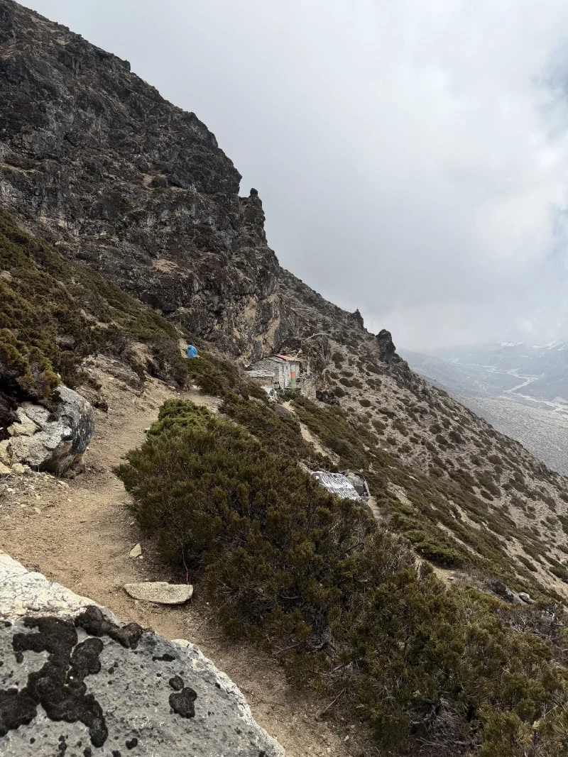 Trail with stone building and mani stones