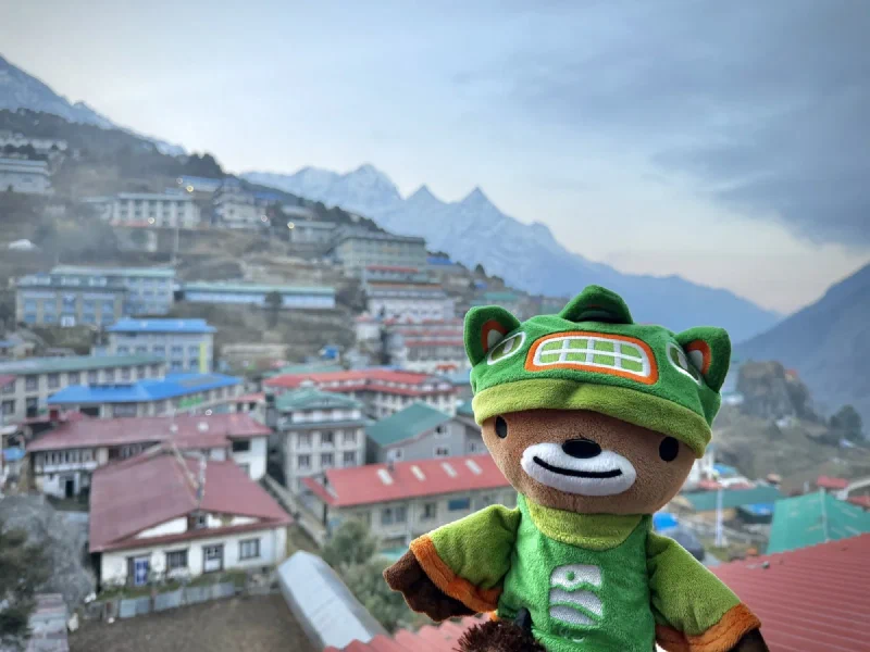 Sumi Bear with Namche Bazaar amphitheater and Kongde Ri peaks in background