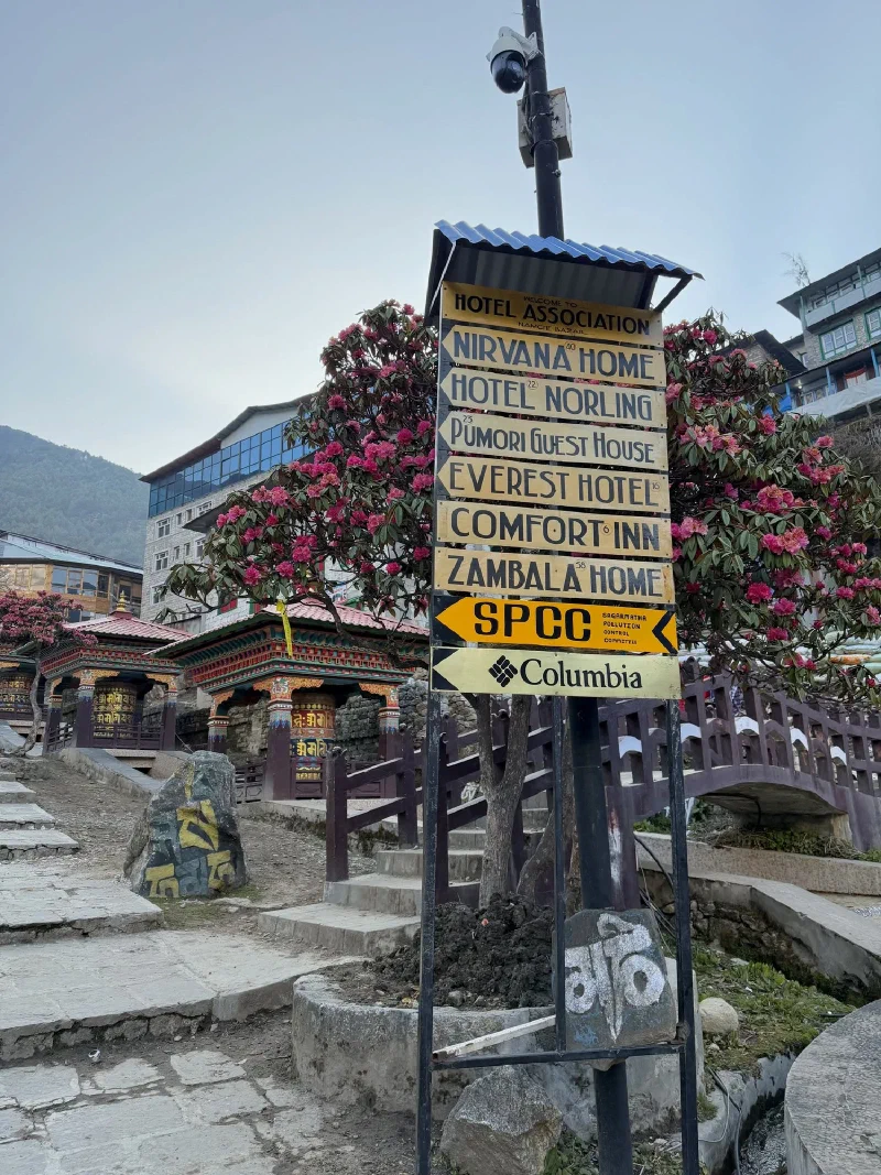 Directional signpost with rhododendron blooms and prayer wheels in Namche