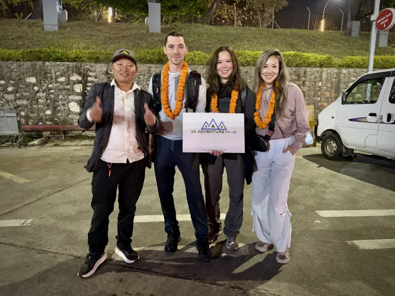 The group with D.B., our trekking guide, outside Kathmandu airport