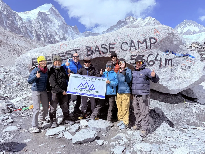 Group photo at EBC with banner