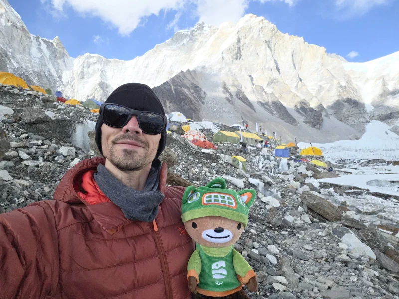 Nicholas selfie with Sumi at the far end of Everest Base Camp