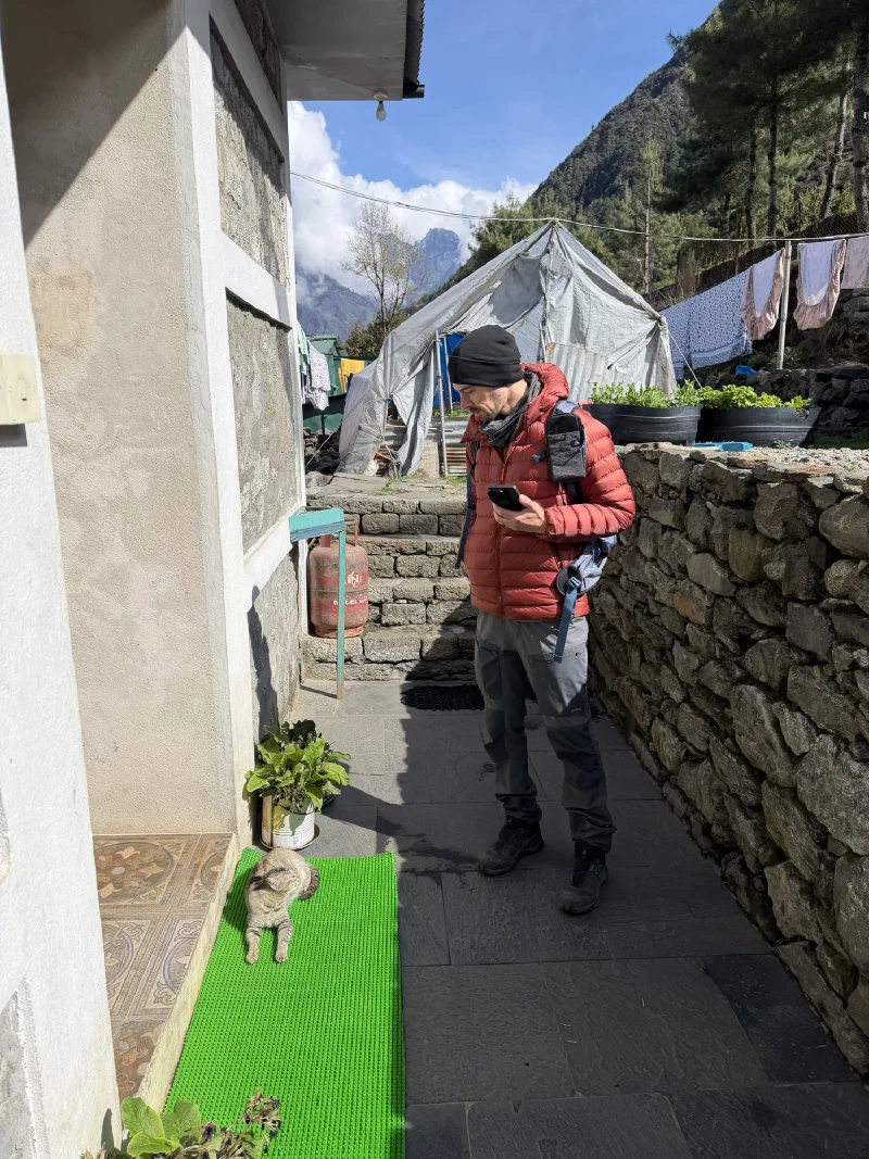 Nicholas standing near a tabby cat sunbathing on a green mat