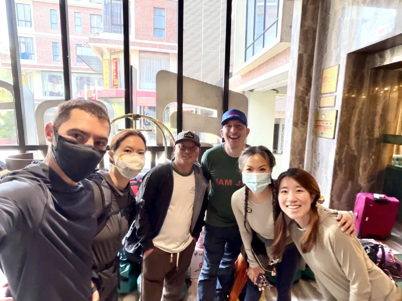 Group selfie in the Aloft lobby: Nicholas, Alice, D.B., Steve, Po On, and Pokin