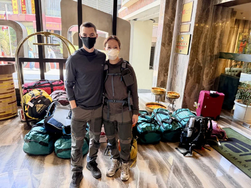 Nicholas and Alice geared up in the hotel lobby